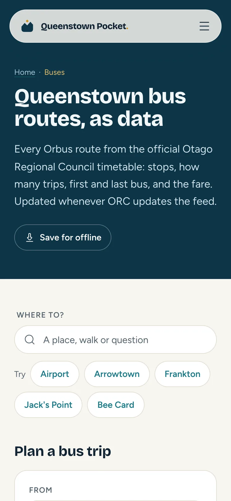 The Queenstown bus routes page on a phone, with a search box, quick links to the airport and Frankton, and the start of a bus trip planner.