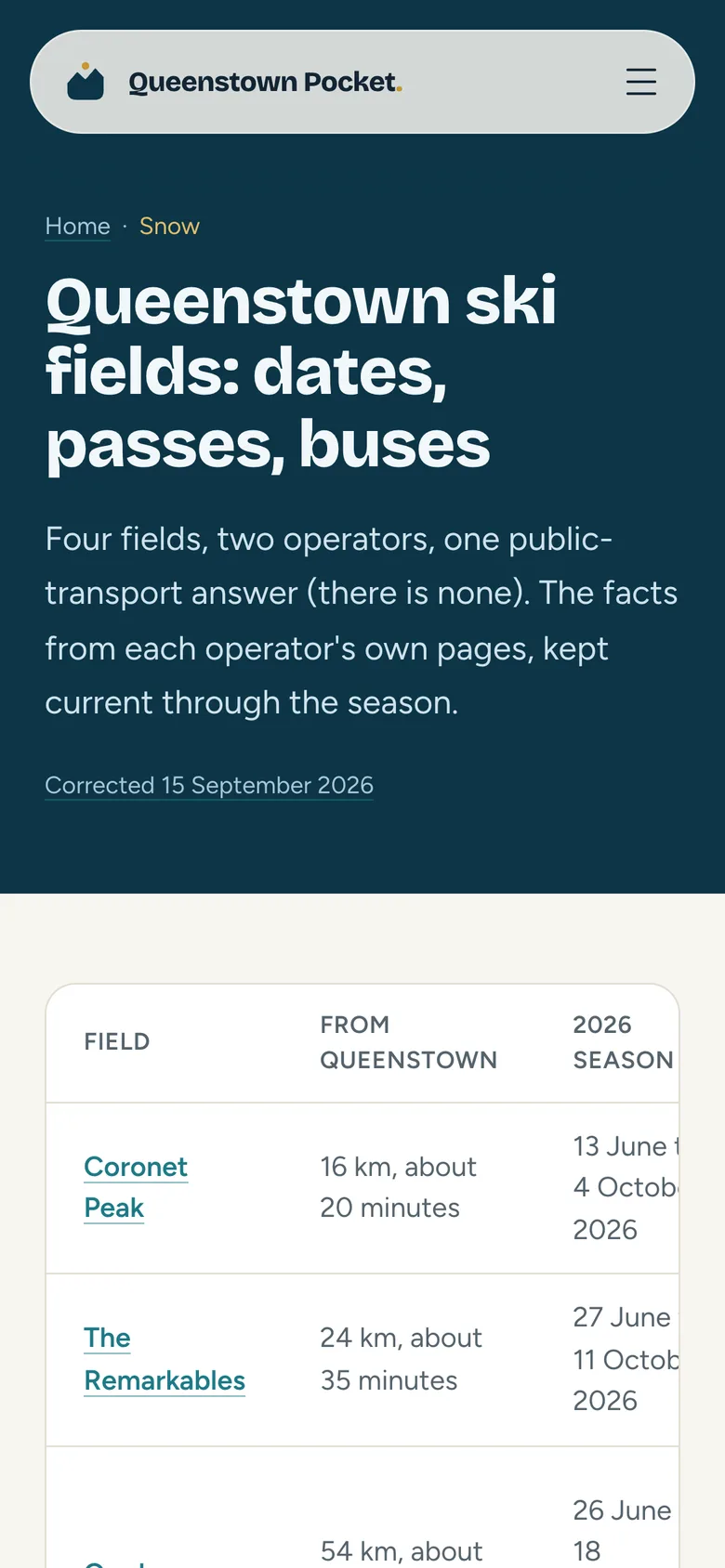 The Queenstown ski fields page on a phone, with a table of each field’s distance from town and 2026 season dates.