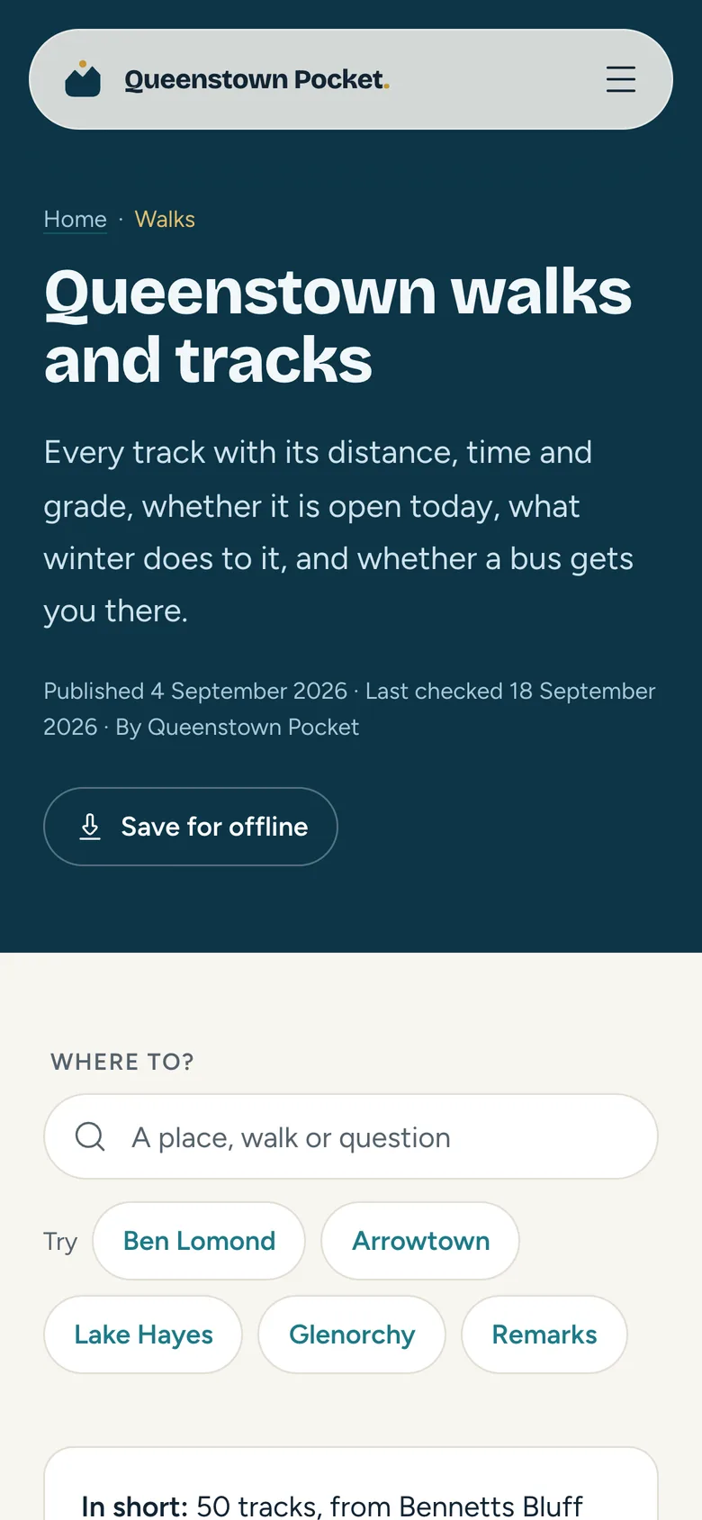 The Queenstown walks and tracks page on a phone, with a search box and quick links to Ben Lomond, Arrowtown, Lake Hayes, Glenorchy and the Remarkables.