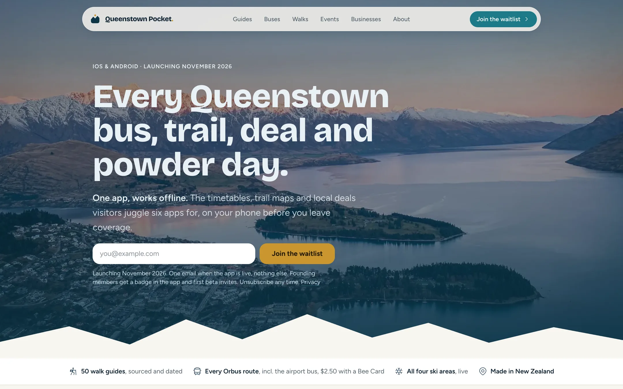 The Queenstown Pocket home page: Every Queenstown bus, trail, deal and powder day, over a dusk view of Lake Wakatipu and the Remarkables.