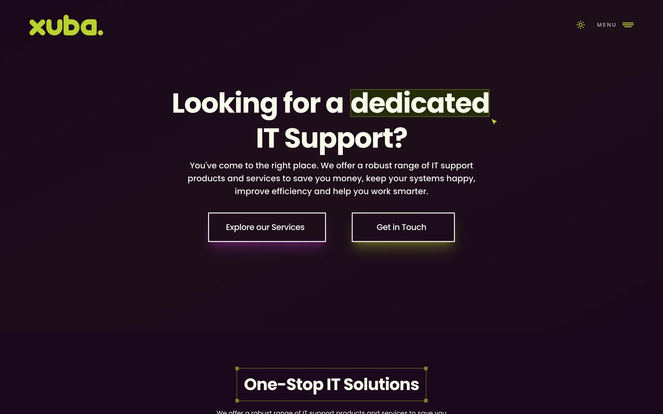 The new Xuba home page: a dark purple hero reading Looking for a dedicated IT Support?, with buttons to explore services or get in touch.