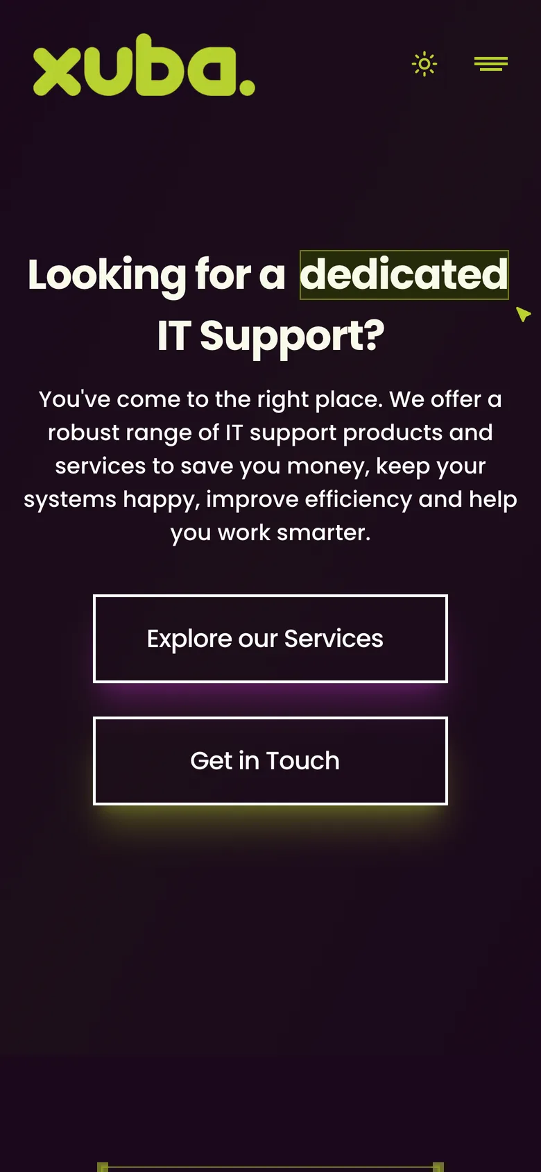 The new Xuba home page on a phone: a large readable headline and two full-width buttons.