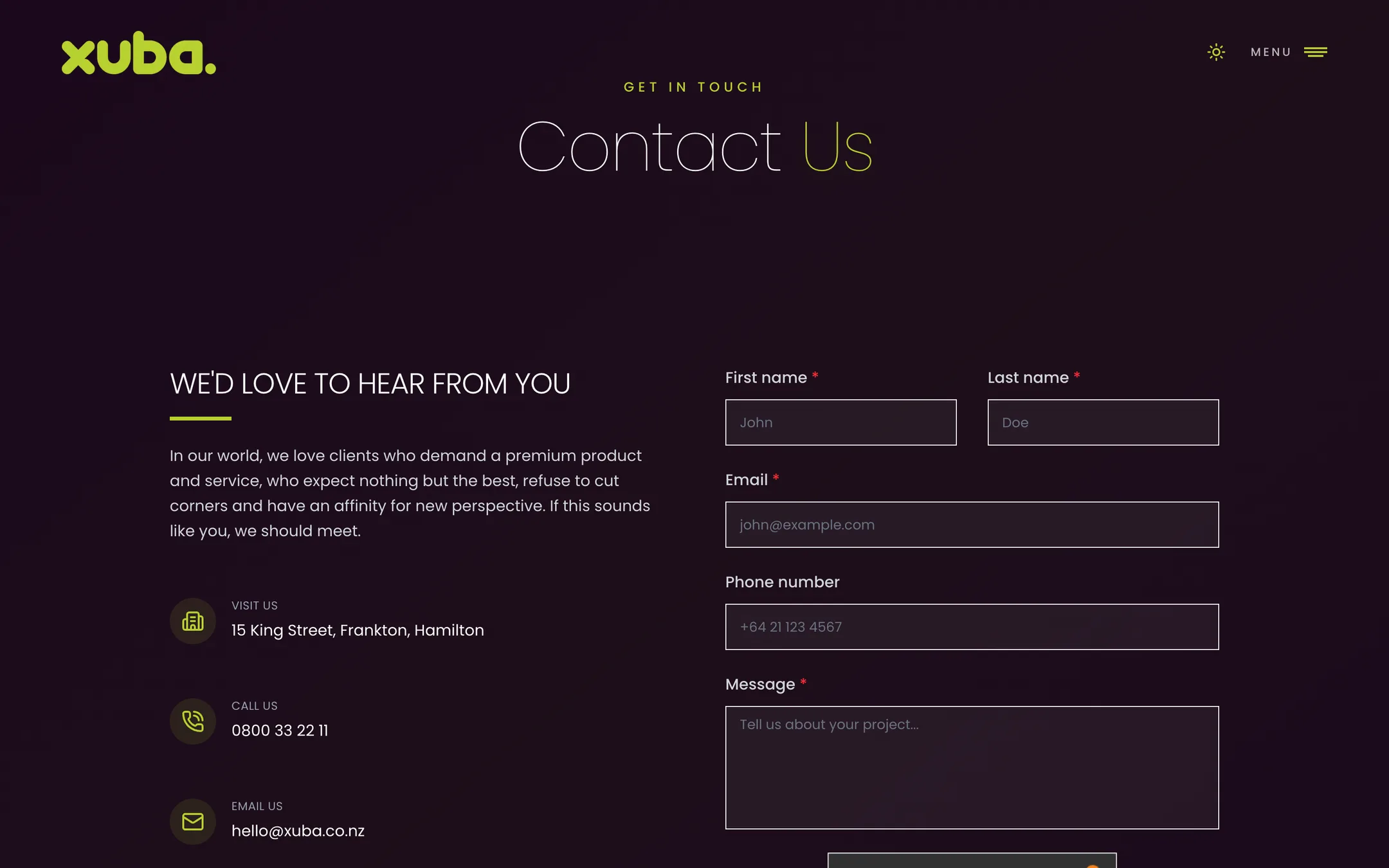 The Contact Us page with Xuba’s address, phone and email on the left and a short enquiry form on the right.