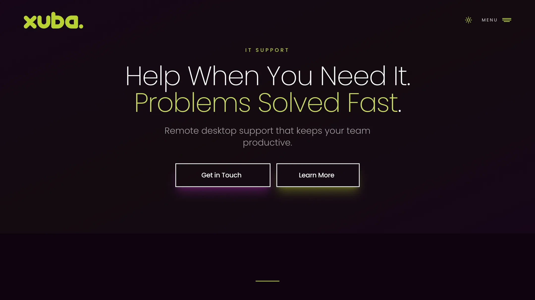 The IT Support service page, headed Help When You Need It. Problems Solved Fast., with Get in Touch and Learn More buttons.